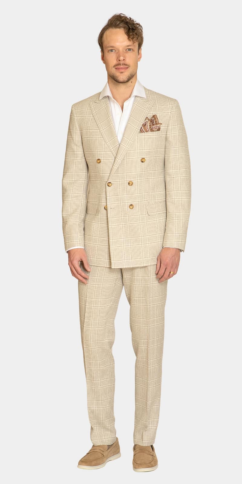 Grasse Light Beige Double Breasted Check Suit
