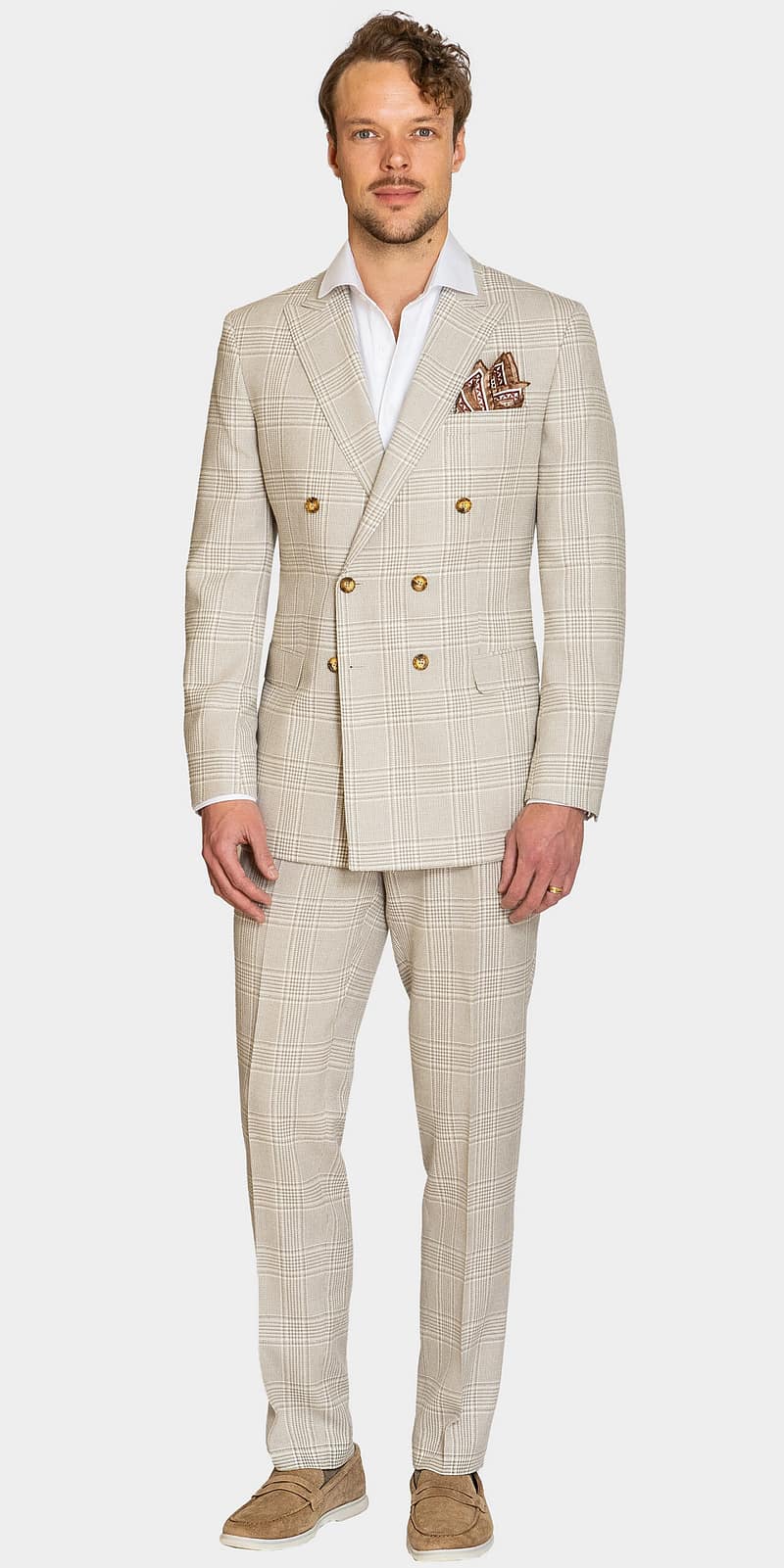 Grasse Light Beige Double Breasted Check Suit